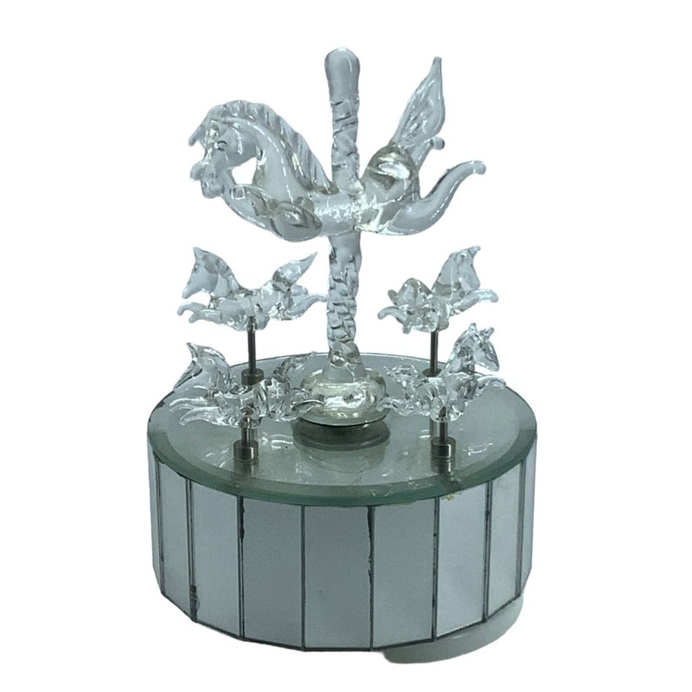 Vtg Hand Blown Glass Carousel Horses Up Down Mirrored Music Box 4" x 5" Flawed